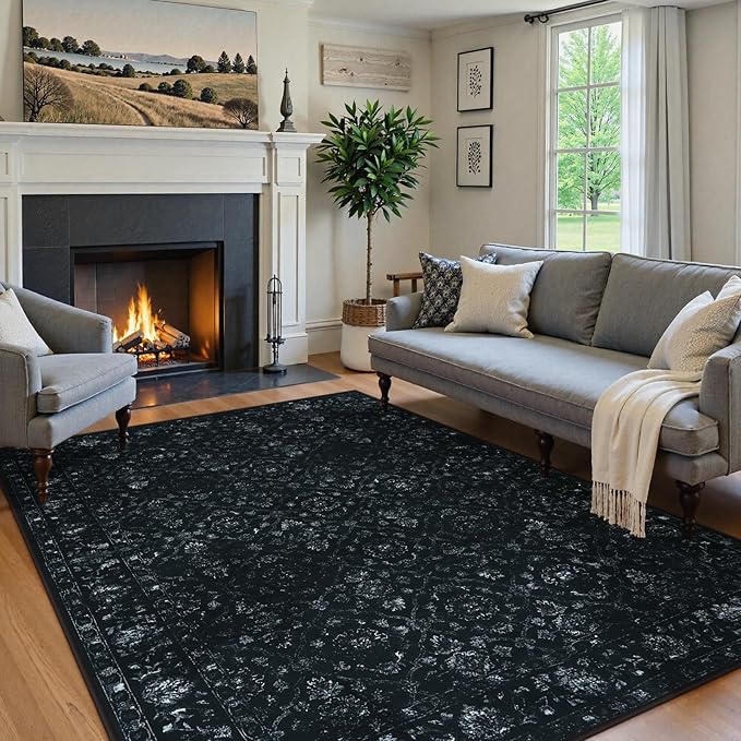 Hedlive Vintage Black Rug for Bedroom, Non Slip Washable Area Rugs 5x7 for Living Room, Ultra-Thin Soft Boho Bedroom Rug for Dining Room Office (5'x7', Black)