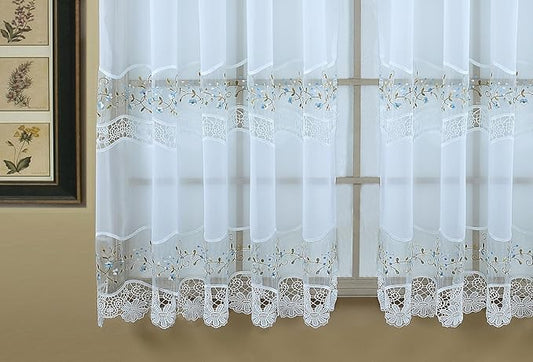 Today's Curtain, Vintage Macramé Organza Panel 63", White/Blue, 58" W x 63" L