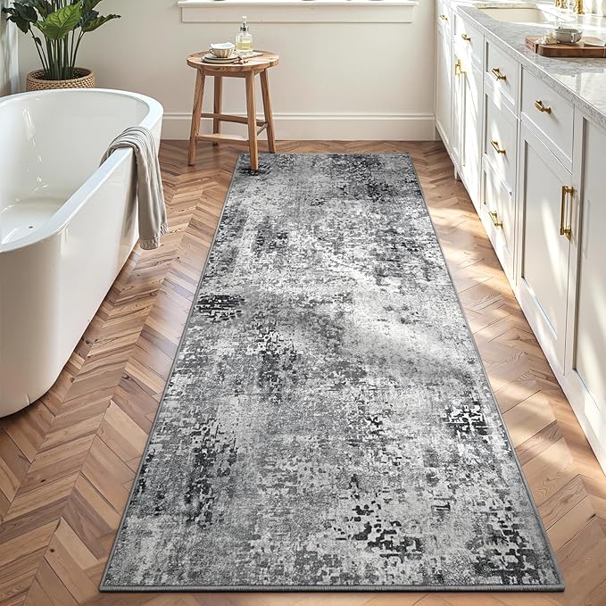 2x8 Grey Rug Runners for Hallways Kitchen Runner Rug Non Slip Washable Black Long Runner Rugs with Rubber Backing Soft Abstract Carpet Runner for Bedroom, Kitchen, Bathroom, Entryway