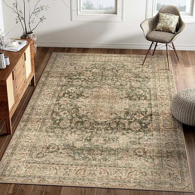 4x6 Washable Area Rug Green Brown Vintage Non Slip Soft Low Pile Rug for Entryway Kitchen Bathroom Distressed Oriental Throw Carpet for Living Room Bedroom Home Decor