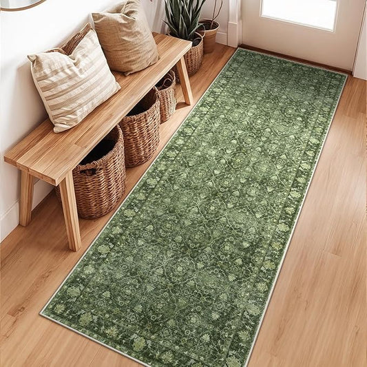 Hedlive Vintage Green Washable 2x6 Runners for Hallways, Boho Kitchen Runner Rug Non Skid, Soft Low Pile Floor Carpet for Entry Bathroom Bedside High Traffic Area (2'x6', Green)