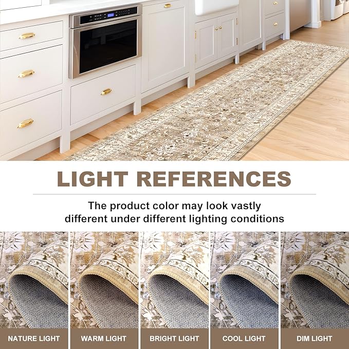 LOKHOM Washable Runner Rug, 3x14 Non-Slip Vintage Kitchen Runner Rug with Rubber Backing, Boho Floral Soft Faux Wool Hallway Rug Carpet Runner for Laundry Entryway Bedroom (Beige Brown)