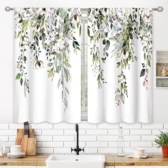 Eucalyptus Botanical Leaves Sage Green Cotton Floral Kitchen Window Curtains over Sink Farmhouse Flower Leaf Small Treatment Cafe Short Curtains for Bathroom Treatment Tier Drapes 27.5x39 inch