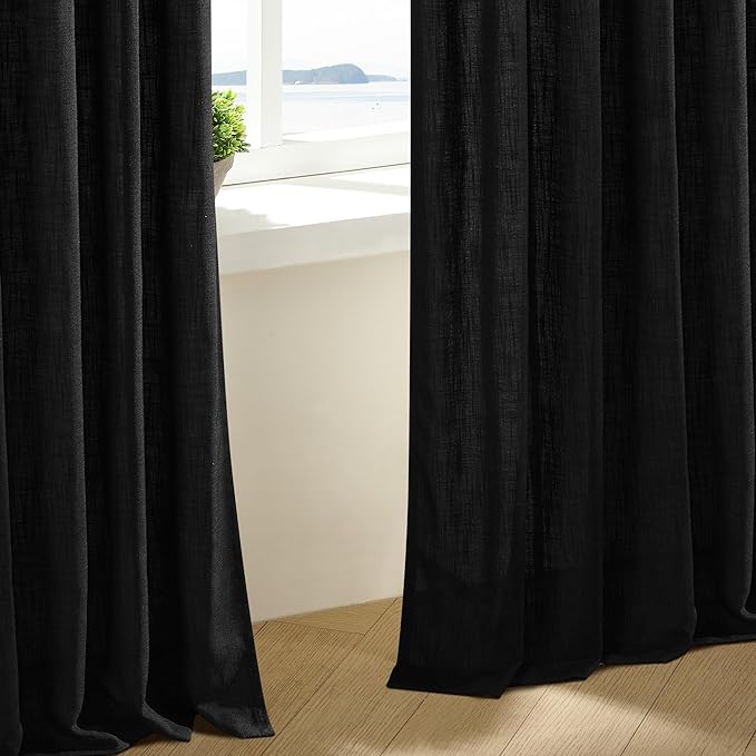 TWODRAPES Black Pinch Pleated Linen Curtains 80 Inches Long for Living Room Bedroom Light Filtering Boho Window Drape 80 Inch 2 Panels with Hooks Rings Back Tab Sliding Glass Door Semi Sheer Curtain