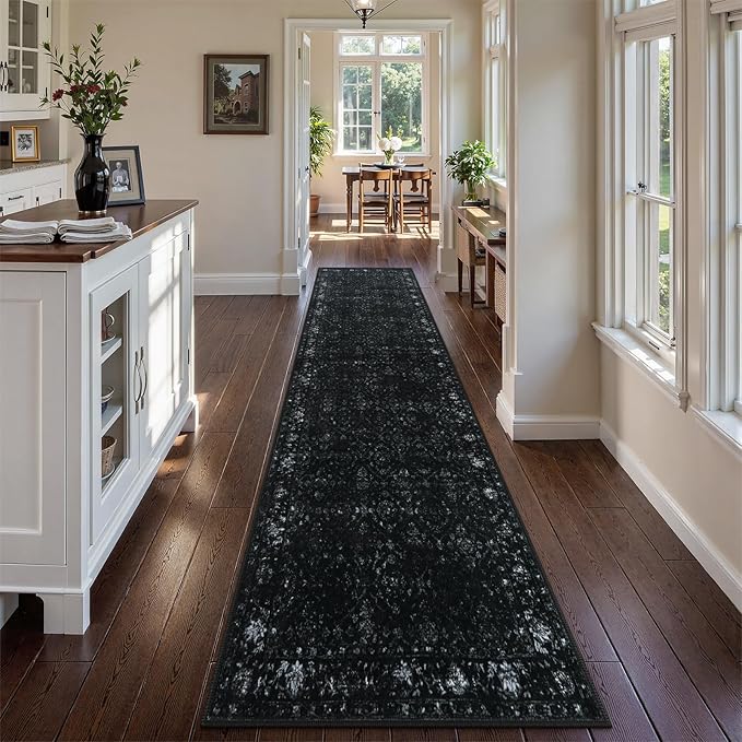 Hedlive Vintage Black Rug Runners for Hallways Non Slip, 2.6x10 Washable Long Runner Rug for Entryway, Ultra-Thin Soft Runner Carpet for Kitchen Bedroom Bathroom (2'6"x10', Black)