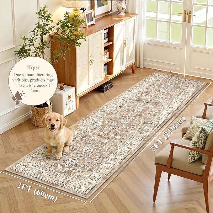 LOKHOM Washable Runner Rugs, 2x7 Non-Slip Hallway Runner Rug with Rubber Backing, Boho Floral Soft Faux Wool Kitchen Rug Carpet Runner for Laundry Entryway Bedroom (Beige Brown)