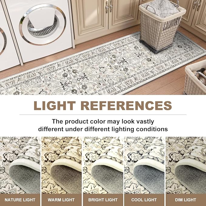 LOKHOM Washable Runner Rug, 2x6 Non-Slip Vintage Kitchen Rug with Rubber Backing, Boho Floral Soft Faux Wool Hallway Runner Rug Carpet Runner for Laundry Entryway Bedroom (Cream White)