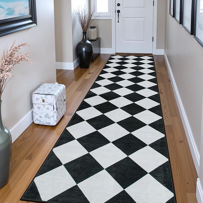 Beeiva Checkered Print Washable Rug Runners for Hallways Non Slip 2.5x10, Ultra Thin Black Kitchen Runner Stain Resistant Hallway Runner Rug 10 ft, Checkerboard Carpet for Bathroom Entryway Decor