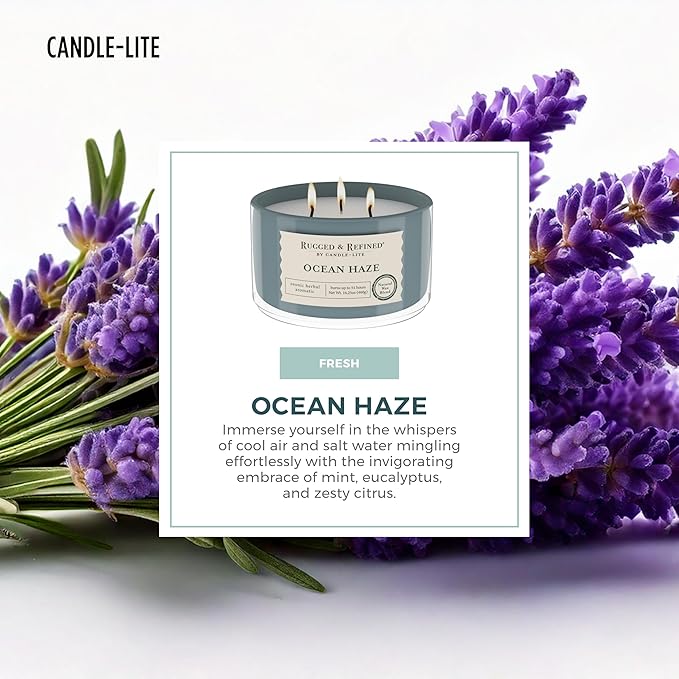 Candle-Lite Scented Candles for Men, Ocean Haze Fragrance, 16.25 oz Jar, 3-Wick, 51 Hours of Burn Time, Masculine Aromatherapy with Long Lasting Scent, Ideal Gift for Father's Day and Home Decor