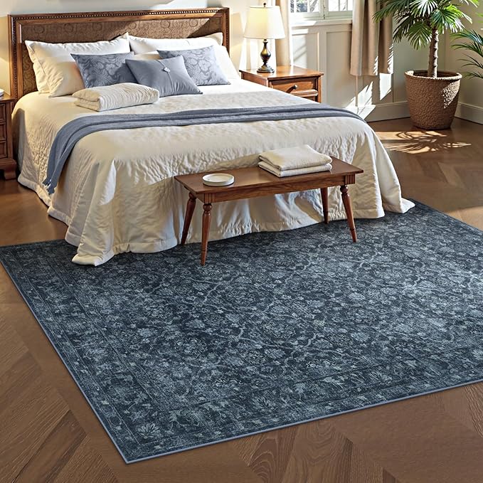 Hedlive Vintage Navy Blue Rugs for Bedroom, Washable Moroccan 5x7 Rug for Living Room Non Slip, Stain Resistant Boho Dining Room Rug for High Traffic Area (5'x7', Blue)