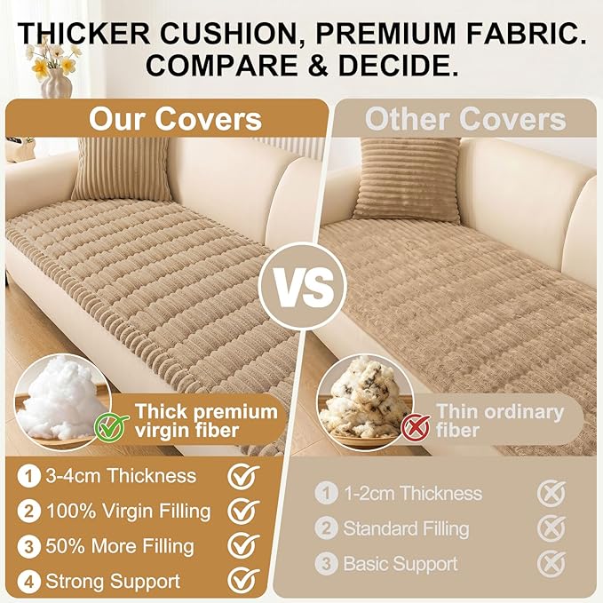 Smiry Couch Cover for Dogs Washable, Non Slip Fuzzy Pet Couch Covers for 3 Cushion Sofa Pet Friendly, Thick Soft Sofa Slipcovers Cushion Protector (Khaki, 27.6" x 27.6")