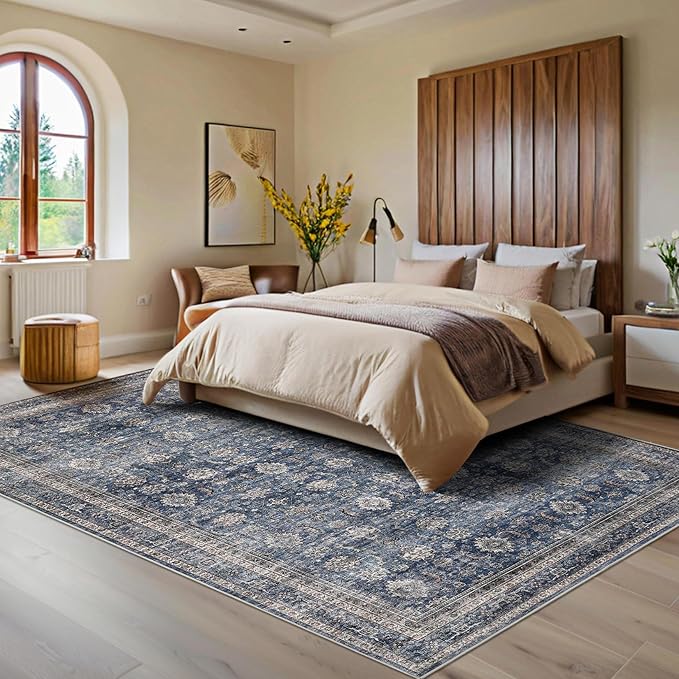 GarveeHome 5x7 Area Rugs for Living Room Machine Washable Vintage Boho Carpet Non Slip Ultra Soft Non-Shedding Throw Rug Low Pile Lightweight Indoor Floor Carpet for Bedroom Nursery Denim