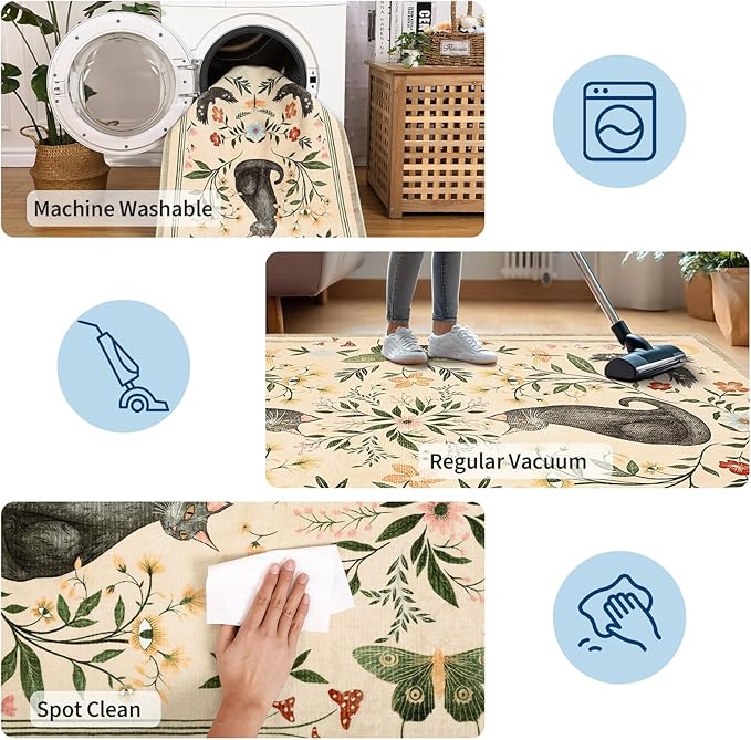 GarveeHome 4x6 Cat Washable Area Rug for Nursery Room, Mushroom Floral Beige Bedroom Rug Non Slip Low Pile Butterfly Carpet Stain Resistant Throw Rug for Dorm Kids Room Office Dining Room