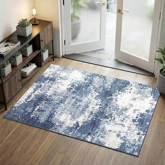 Entryway Rug 3x5 Blue Door Mat Indoor Entrance 36x60, Washable Small Throw Rugs for Kitchen Floor, Entry, Front Door, Bedroom Bedside, Non-Slip Low Pile Stain & Fade Resistant, Abstract Navy