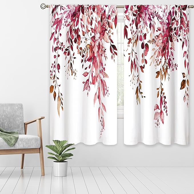 Burgundy Eucalyptus Leaves Window Curtains Rustic Watercolor Red Flower Floral Plant Botanical Farmhouse Curtain Drapes Herb Curtains for Bedroom Living Room Treatment 2 Panels 29Wx63H Inch