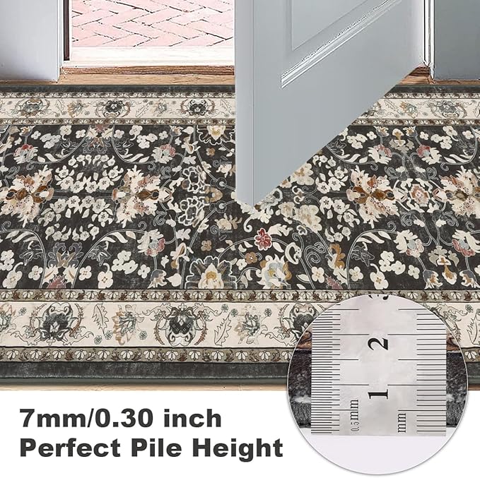 LOKHOM Washable Runner Rug, 2x8 Non Slip Vintage Hallway Runner Rug with Rubber Backing, Boho Floral Soft Faux Wool Kitchen Rug Carpet Runner for Kitchen Laundry Entryway Bedroom (Black)