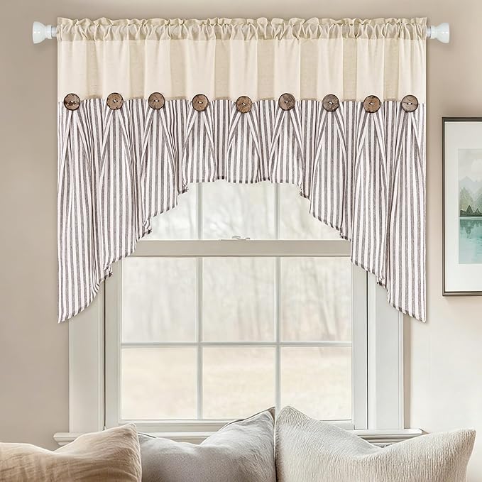 ASPMIZ Farmhouse Cotton Linen Swag Valances for Windows, Boho Kitchen Curtains Valances with Rustic Buttons, Brown Striped Window Treatments Curtain Valance for Bathroom Cafe, 61 x 36 Inch, 1 Panel