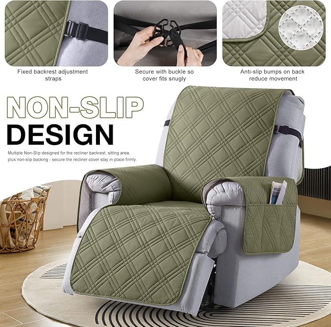 TAOCOCO 100% Waterproof Recliner Chair Cover Stay in Place, Recliner Covers for Small Recliner Chair with Pocket, Reclining Chair Cover Furniture Protector for Kids, Pets(20'', Green)