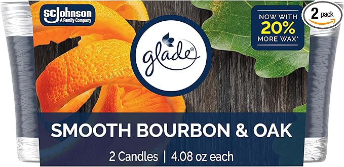 Glade 1-Wick Scented Candle Jar, Smooth Bourbon & Oak, Air Freshener Infused with Essential Oils, 4.08 Oz, 2 Count