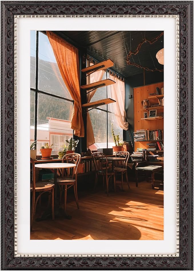 Golden State Art, 13X19 Ornate Finish Photo Frame with White Mat for 11X17 Picture & Real Glass, Color: Black with Silver & Burgundy
