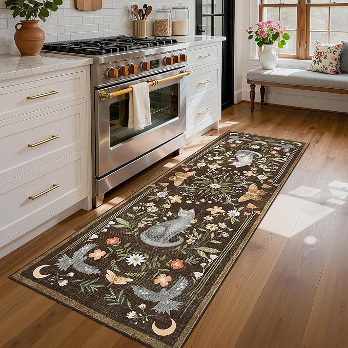 GarveeHome 2x6 Cat Washable Runner Rug for Kitchen, Soft Brown Hallway Runner Non Slip Mushroom Moths Entryway Rug Floral Laundry Mat Stain Resistant Carpet for Bedroom Bathroom Beside Rug