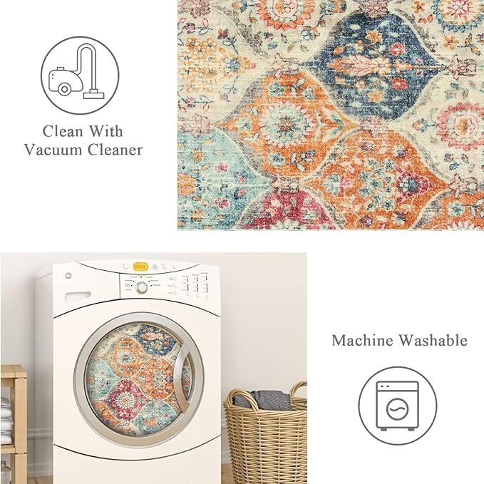 Lahome Moroccan Washable Runner Rug 2x10, Kitchen Runners for Hallways Rubber Backing Ultra-Thin Vintage Hallway Rug Non-Slip Carpet for Entryway Bedroom Laundry Room Elise, Cream/Multi
