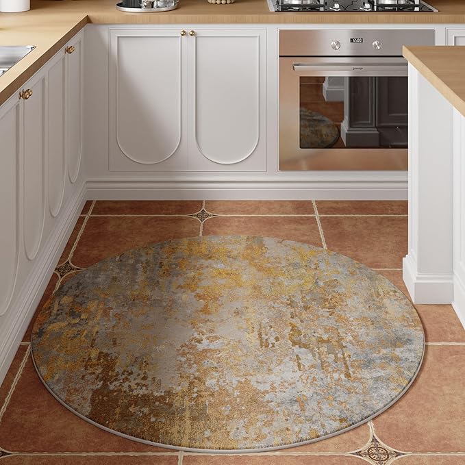 Beige Gold Round Area Rugs 4ft Washable Circle Rug for Entryway Kitchen, Non Slip Soft Low Pile Stain Resistant, Boho Circular Carpet for Living Room Bedroom Dorm Dining Room Table, Abstract Tan