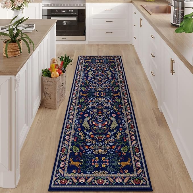 Rugcomf 2x5 Runner Rug - Floral Machine Washable Kitchen Rug, Non-Slip Low Pile Boho Carpet for Hallways, Laundry, Entryway, Bedroom, Bathroom - Blue