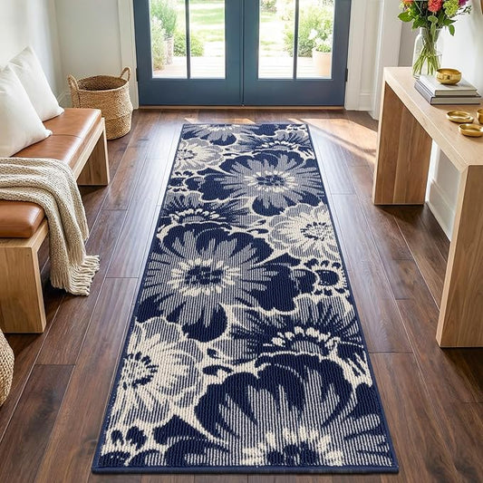 Findosom Hallway Runner Rug 2x6, Non Slip High-Low Textured Floral Washable Runner Rug with Rubber Backing, Boho Carpet Runner for Kitchen, Entryway, Bedroom, Laundry, Navy