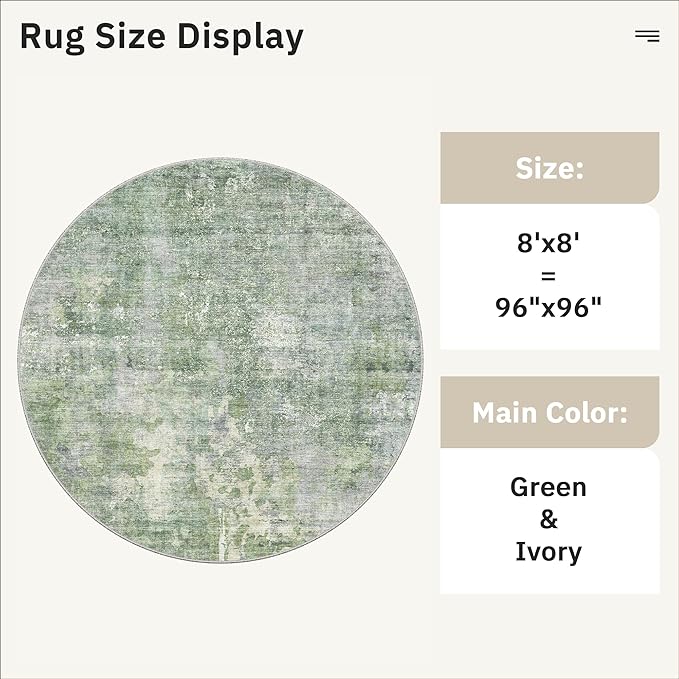 Soalmost 8x8 Green/Ivory Round Rug 8ft Living Room Circle Rug Vintage Round Area Rug Non Slip Indoor Carpet for Apartment