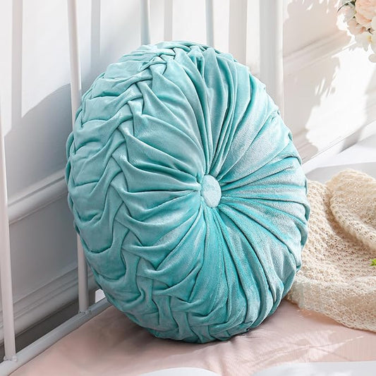 Drydiet 1 Pcs Round Throw Velvet Pillows Decorative Pleated Throw Pillows 15'' Diameter Accent Pumpkin Boho Chair Cushion for Couch Sofa Home Decoration (Aqua)