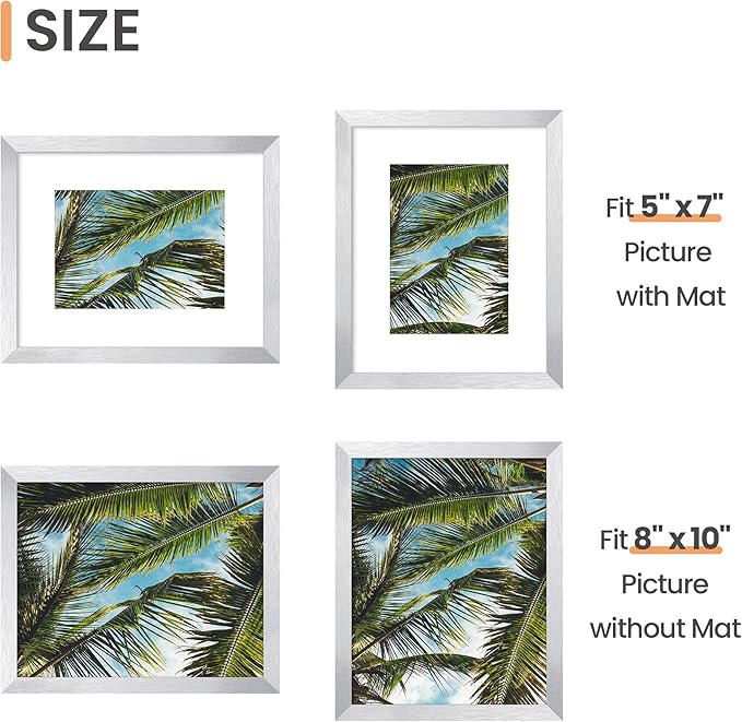 upsimples 8x10 Picture Frame, Display Pictures 5x7 with Mat or 8 x 10 Without, Wall Hanging Photo Frames, Silver, 1 Pack