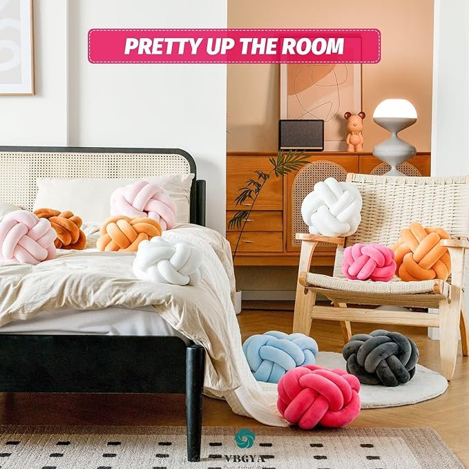 Round Knot Plush Cushion, 11 Inch Decorative Throw Pillows for Bedroom, Sofa, Couch - Modern Designs in Hot Pink