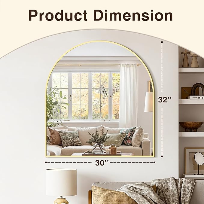 Vanity Bathroom Mirror for Wall, 32”x30” Arched Bathroom Mirror for Over Sink, Arched Metal Frame for Bedroom, Living Room, Entryway, Hanging or Leaning, Gold