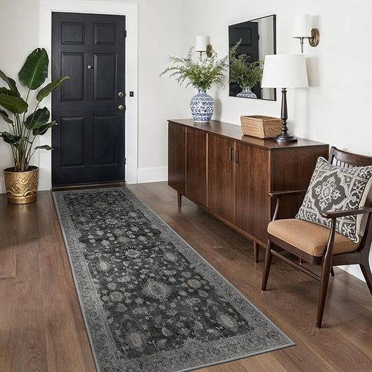 GENIMO Runner Rug for Hallways Machine Washable, 3x10 Non Slip Boho Vintage Lightweight Washable Runners, Thin Floor Rugs for Entryway Hallway Bathroom Laundry Room Corridor, Charcoal