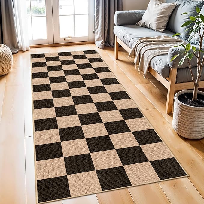 2x6 Jute Woven Runner Rug: Non-Slip Backing Diamond Pattern - Easy Clean Carpet for Hallway Kitchen - Washable Thin Indoor Rugs for High Traffic Areas Farmhouse Home Decor (Black，2x6)