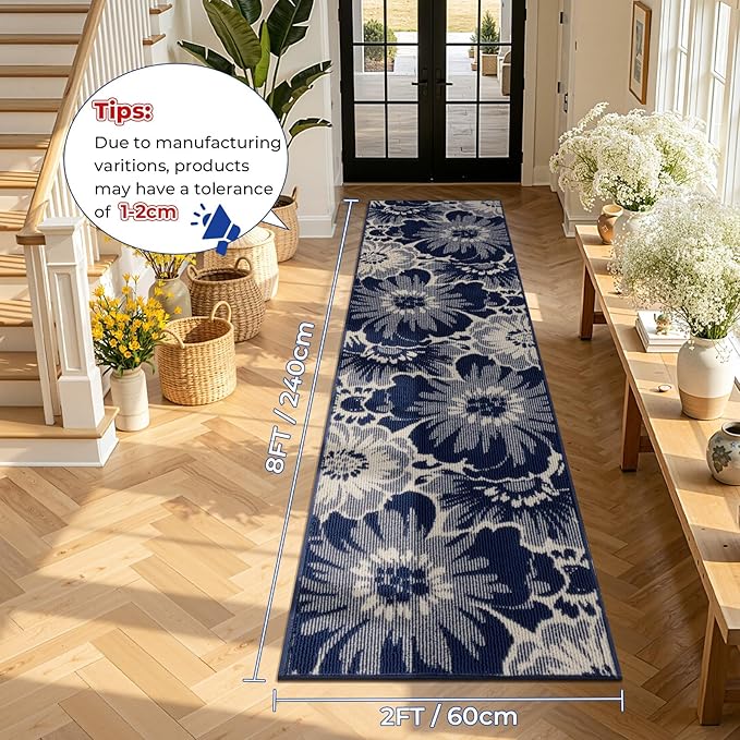 Findosom Hallway Runner Rug 2x8, Non Slip High-Low Textured Floral Washable Runner Rug with Rubber Backing, Boho Carpet Runner for Kitchen, Entryway, Bedroom, Laundry, Navy