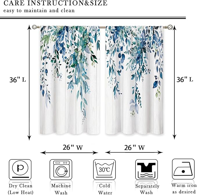 Farmhouse Teal Eucalyptus Small Kitchen Curtains Blue Leaves Window Treatment Turquoise Wooden Cafe Short Curtains for Bathroom Dining Laundry Room Botanical Tier Treatment Drapes 26x36 inch