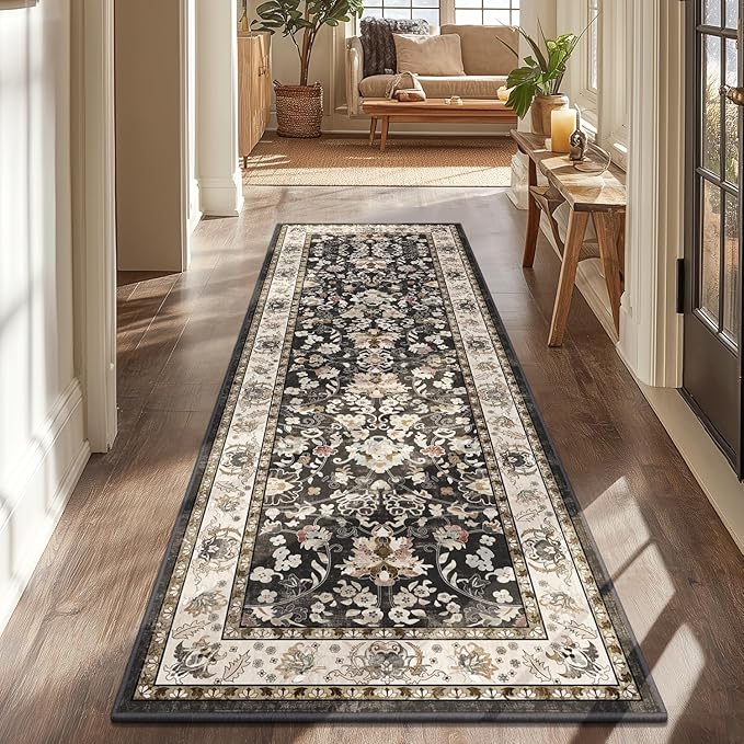 LOKHOM Washable Runner Rug, 2x6 Non-Slip Vintage Hallway Runner Rug with Rubber Backing, Boho Floral Soft Faux Wool Kitchen Rugs Carpet Runner for Laundry Entryway Bedroom (Black)