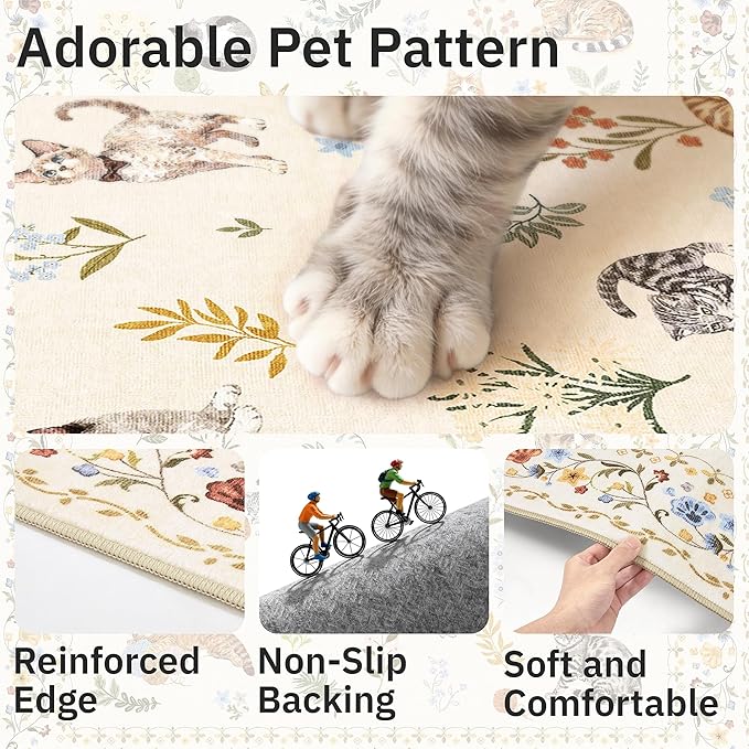 Soalmost Cat 4x6 Area Rugs, Machine Washable Animal Floral Accent Rug Non-Slip Low Pile Soft Throw Rugs for Entryway Kitchen Bedside Living Room Bedroom Nursery Playroom (4 x 6,Beige)