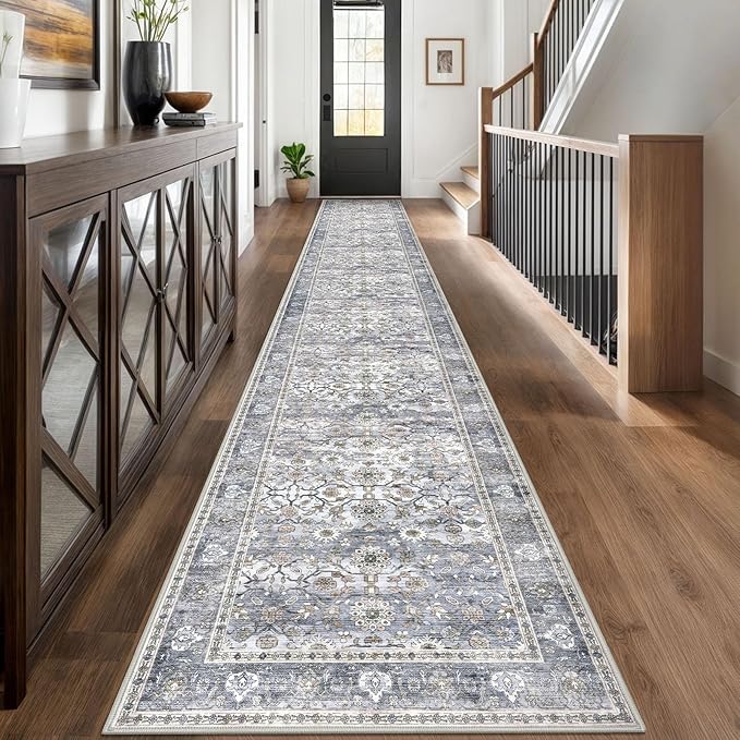KUTA Vintage Washable Long Runner Rug, 2.6x18 Grey Blue Runners for Hallways Non-Slip Kitchen Rugs Ultra Thin Soft Printed Distressed Floral Floor Carpet for Laundry Bedroom Living Room Nursery