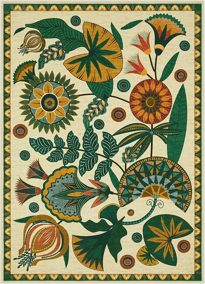 Joydeco Egypt Floral Boho 8x10 Area Rugs for Bedroom Aesthetic, Washable Vintage Living Dining Room Rug Non Slip, Beige Large Indoor Throw Carpet for Playroom Nursery Dorm Classroom