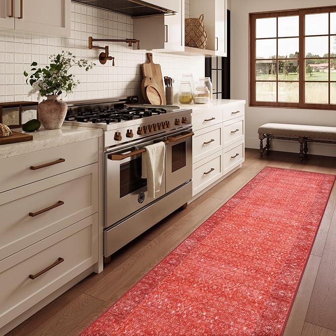 Hedlive Red Runners for Hallways,2.6x10 Washable Kitchen Rug Non Slip, Soft Low Pile Long Runner Rug for Hall Bedroom, Ultra-Thin Floor Carpet for Entryway Party Holiday Decor(2'6"x10', Red)