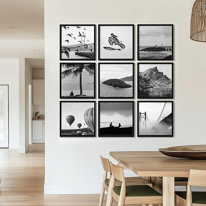 eletecpro 16x16 Picture Frames Set of 9, Classic Gallery Wall Frame Set for 4x4 Photos with Mat or 16x16 without Mat, Large Picture Frame for Art Prints, Black Poster Frames for Home Decor Wall