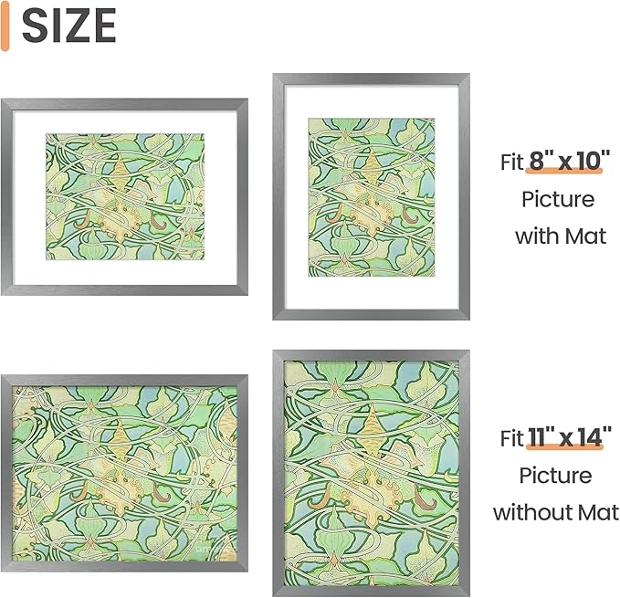 upsimples 11x14 Picture Frame, Display Pictures 8x10 with Mat or 11 x 14 Without, Wall Hanging Photo Frames, Metallic Gray, 1 Pack