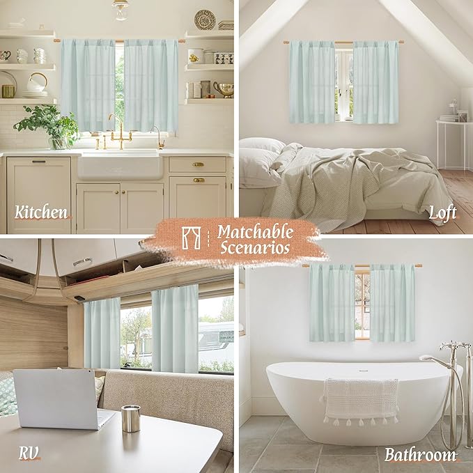 LAMIT 54 Inch Short Window Linen Curtains, Soft Faux Linen Light Filtering Panels Rod Pocket Neutral Drapes for Bedroom/Loft Room, Light Blue, 2 Panels, 42 x 54 Inch