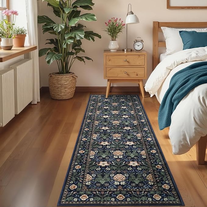 GarveeHome Washable Runner Rug 2x6, Non Slip Floral Kitchen Runner for Hallway Entryway Forest Green Laundry Bathroom Mat Farmhouse Thin Stain Resistant Carpet for Bedroom Beside Rug