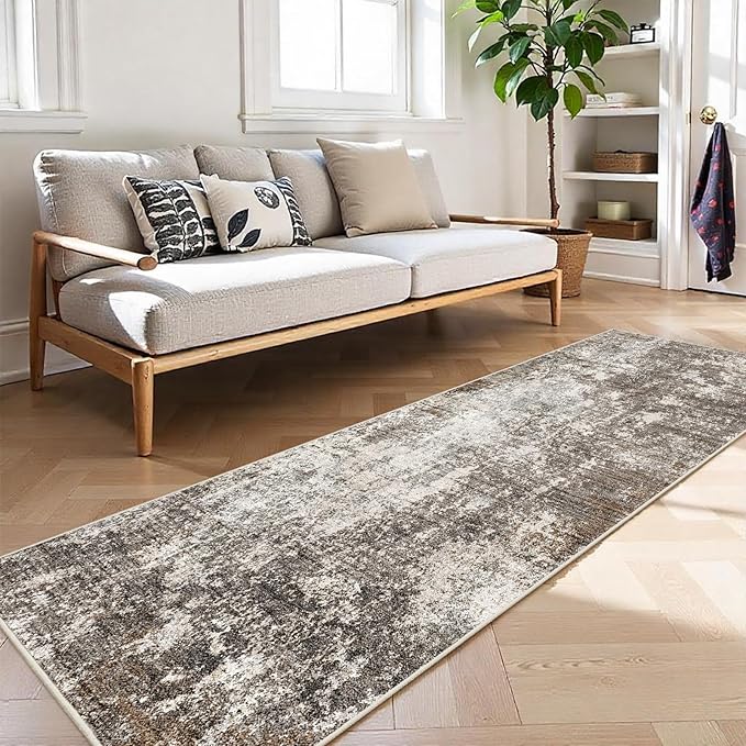 Washable 2x8 Kitchen Rug Runner – Non-Slip Stain-Resistant Soft Carpet Runner for Hallway Entryway Bedroom Bathroom, Modern Abstract Neutral Low-Pile Area Rug (Brown Beige,2x8)