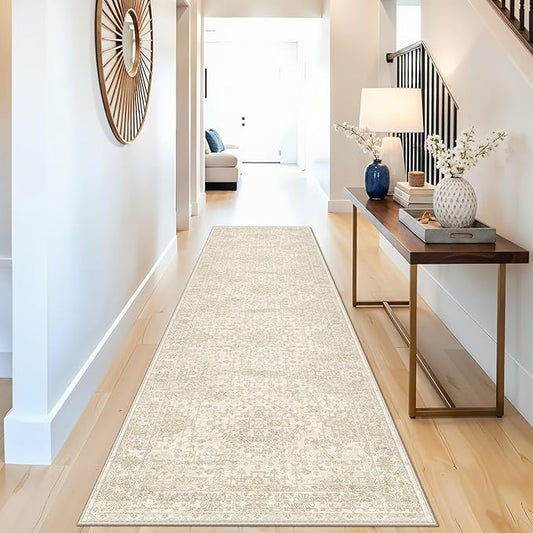 3x10 Ft Hallway Runner Rug – Non-Slip Washable Long Carpet Runner for Kitchen Indoor Entryway & Bathroom, Vintage Distressed Low Pile Thin Floor Mat (Ivory Beige)