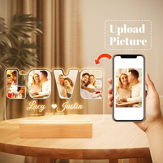 Custom Picture Frames with Photo, Personalized Photo Frame with Night Light, Customized Picture Frame, Personalized Anniversary Couple Gifts for Women Men Her Him Girlfriend Boyfriend